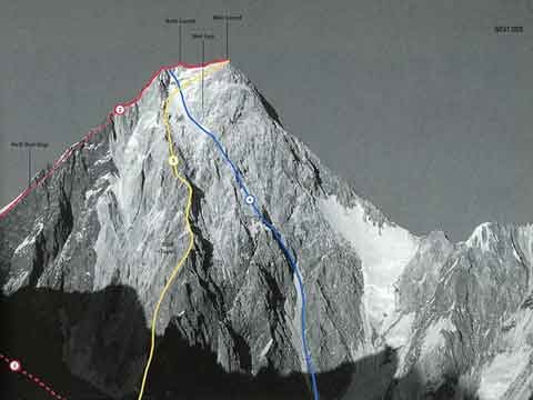 
Gasherbrum IV West Face With Climbing Routes - 2. Northwest Ridge 1986, 3. West Face Central Spur 1997, 4. West Face 1985 - World Mountaineering book
